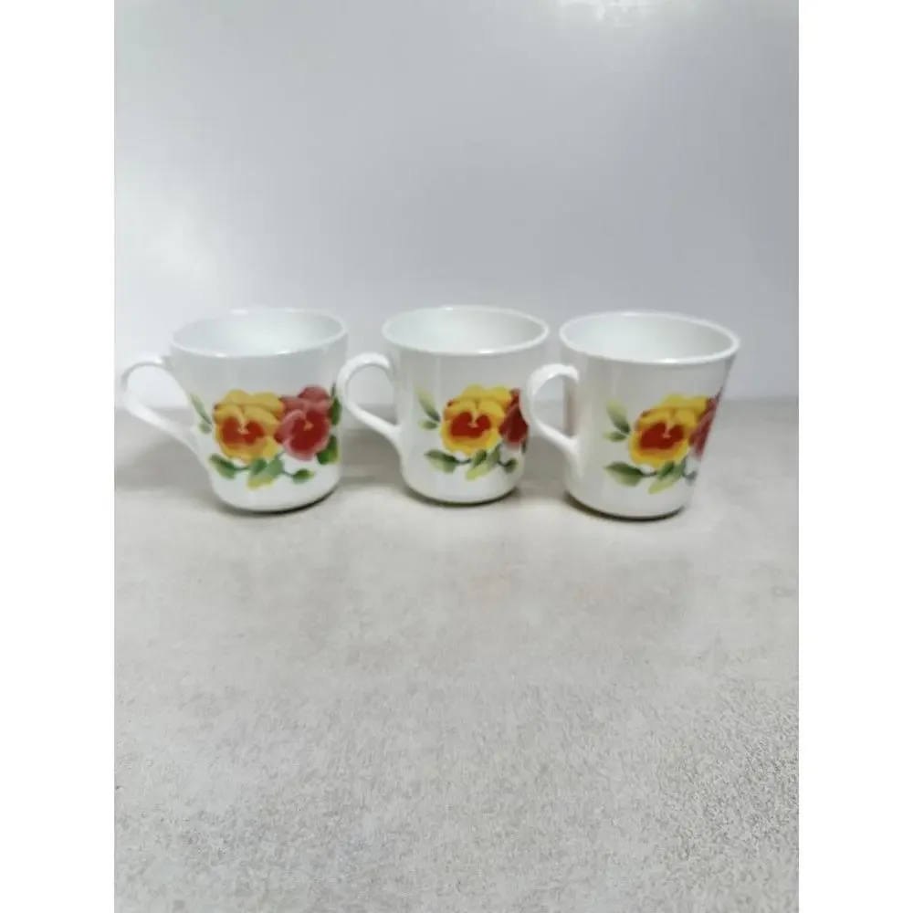 VTG Corelle Corningware Summer Blush Pansy Coffee Mugs Set of 3 USA 8 oz Retired